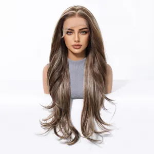 Peluca lace front 13x6 larga ondulada castaño claro degradado para mujer sintética