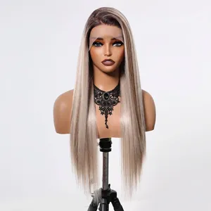 Front view of long straight ombre blonde lace front wig on mannequin
