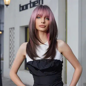 Detailed view of long straight synthetic wig featuring pink bangs and brown ombre ends