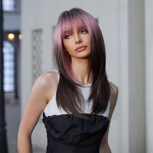 High quality long straight hair wig with pink highlights and stylish bangs detail