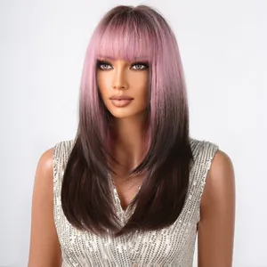 Head and shoulders detail shot of pink and dark brown gradient medium-length wig