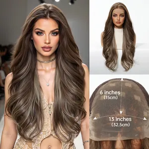 Detail view of 13x6 lace front wig with ash brown ombre wavy hair and cap measurements