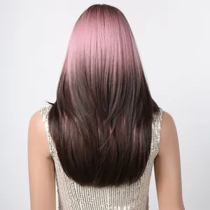 Detailed back view of a long pink to brown ombre synthetic cosplay wig with natural texture