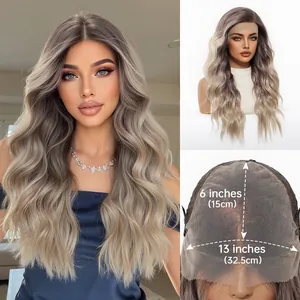 Detail showing 13x6 inch lace cap measurements for ombre light brown wavy wig.