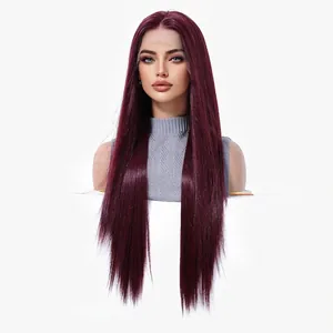 Detailansicht der langen glatten weinroten 13x6 Lace-Front-Perücke für natürlichen Look