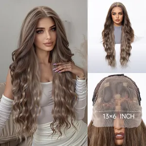 Women Long Wavy Lace Front Wig 13x6 Large Area Synthetic Imported Silk Highlight Brown Dark Wine Red Wigs For Daily Party