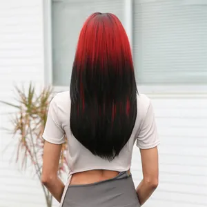 Detailed back view of a long straight red and black ombre synthetic wig for cosplay