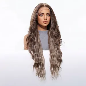 Premium long wavy 13x6 lace front wig in dark brown with highlights for professional look