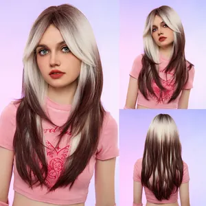 Detail view of long layered brown wig with platinum blonde highlights for cosplay