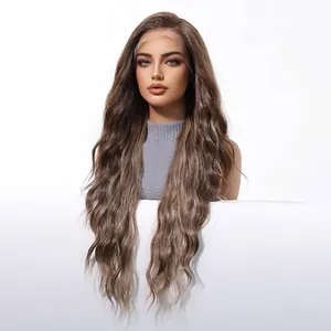 Premium 13x6 lace front long wavy synthetic wig in dark brown with blonde highlights
