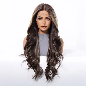 Realistic dark brown long wavy 13X6 lace front wig with blonde highlights for women