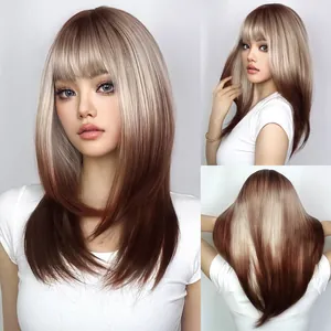 Detailed view of ombre blonde and brown mid-length wig with bangs from three angles.