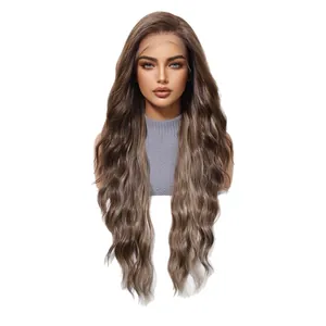 13x6 lace front synthetic wig featuring long wavy dark brown hair with highlights