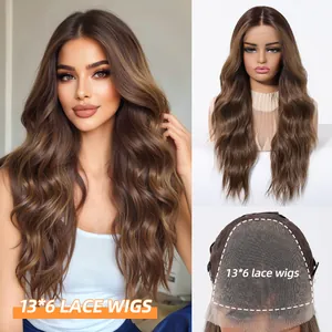 Detail view showing 13x6 lace area and wavy texture of gradient light brown synthetic wig