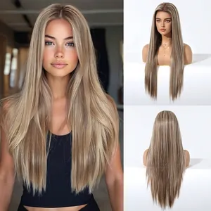 Lange glatte aschblonde Ombré-Perücke mit 13x6 Lace-Front-Detail