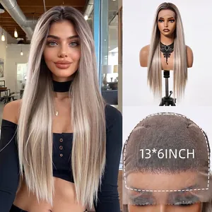 Women Long Straight Synthetic Lace Front Wig Ombre Mixed Gold High Temperature Fiber Breathable Full Head Wig Natural Hairline