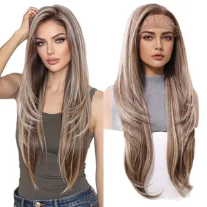 Perruque lace front 13x6 longue dégradée blond cendré avec des mèches