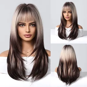 Multiple angles of medium-length ombre blonde to brown wig with bangs