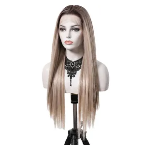 Long straight lace front wig for women with ombre blonde color and natural hair