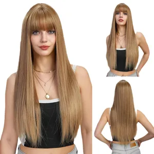 Long straight honey blonde wig with bangs for women, natural look synthetic hair extension