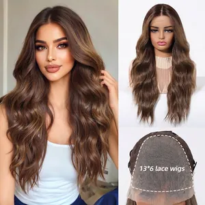 13x6 Lace Front Long Wavy Wig For Women Highlight Brown Middle Part Synthetic Wave Wig Natural Breathable Glueless Wigs