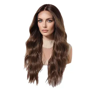 Elegant 13x6 lace front long wavy brown highlight wig with natural breathable hair design