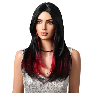 Lange schwarze Kunstperücke mit roten Highlights, Mittelscheitel-Haarstyling