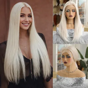Premium long platinum blonde 13x6 lace front straight wig with a natural middle part