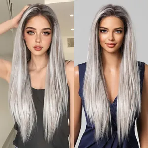 Close-up detail of 13x6 lace front long straight silver grey wig hair texture and fit