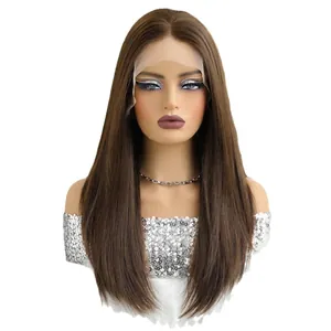 Long straight brown 13x6 lace front synthetic wig with middle part for a natural look