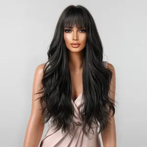 Detailed view of natural long wavy black synthetic wig with flat bangs on a mannequin.