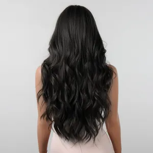 Back view of long wavy dark brown synthetic wig on mannequin for realistic hair look