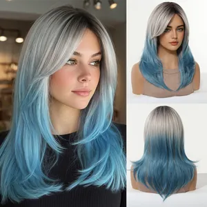 Detailed views of a long layered blue and grey ombre cosplay wig with a front fringe
