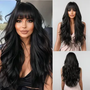 Long Curly Wavy Wig With Bangs For Women Natural Looking Heat Resistant Synthetic Full Wig European Fashion Hairpiece