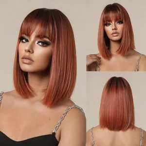 Parrucca bob rame con frangia, dettaglio capelli sintetici lisci media lunghezza