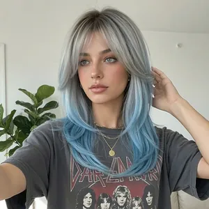 Detailed view of long layered wig with grey to blue ombre gradient and bangs