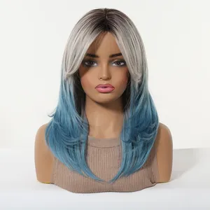 Detail view of a long layered gradient wig from silver grey to blue with bangs on a mannequin.