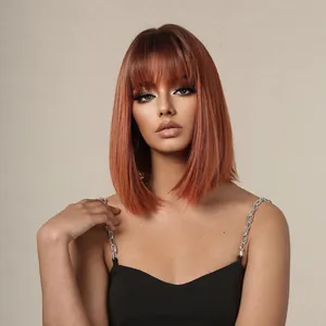 Parrucca sintetica liscia color rame lunghezza clavicola con frangia naturale da donna