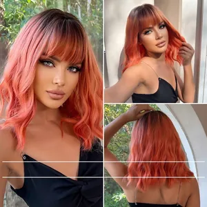 Collage of an orange bob wig with bangs and water ripple curls shown at various angles.
