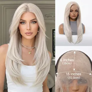 Detail showing 13x6 HD lace area and length measurements of this long blonde straight wig.