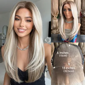 Detail view of 13x6 HD lace wig with cap measurements and layered blonde straight hair