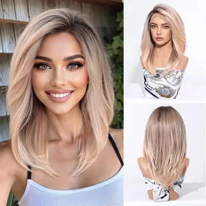 Detail views of a professional ash blonde ombre 13x6 HD lace front wig for women