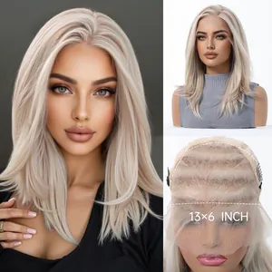 Detailed view of 13x6 HD lace front wig with long straight blonde synthetic hair.