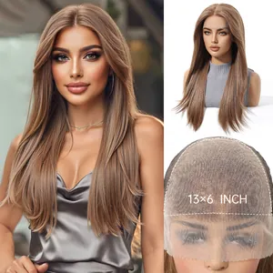 Detailed macro view of 13x6 HD lace front wig featuring long straight light brown hair