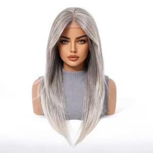 Detailed macro view of professional 13x6 HD lace front long straight wig in silver grey
