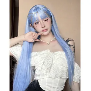 Parrucca lunga e liscia blu chiaro con frangia per Cosplay, Lolita e stile moda.