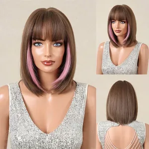 Detailed front, side, and back views of brown straight bob wig with pink highlights