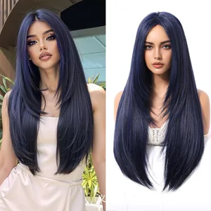Long straight layered wig in dark blue purple, face-framing sweet style for daily wear