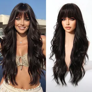 Long wavy dark brown synthetic wig with bangs shown on model and mannequin