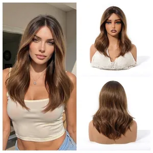 Close-up detail view of fashionable ombre brown wavy wig featuring trendy curtain bangs